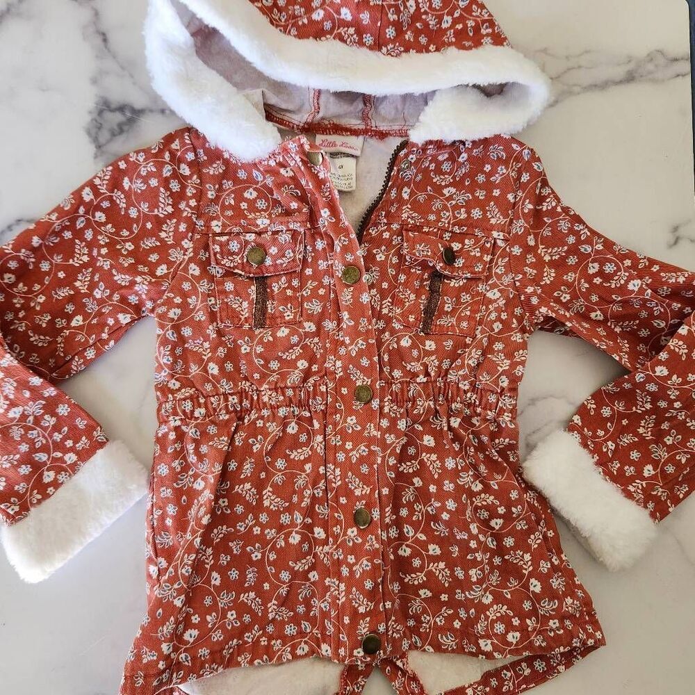 Little Lass girls 6x autumn floral burnt orange button up faux fur hooded jacket
